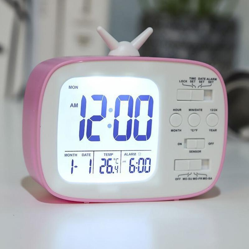 TV Shape Digital Display Alarm Clock With Thermometer and Calendar for Student Bedroom