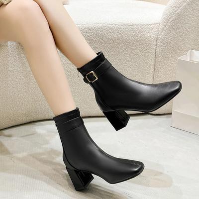 Fashion 2024 Hot Selling Solid Color Versatile Winter Square Toe Women's Zipper Ankle Boots Women's Elegant Thick High Heel Short Boots