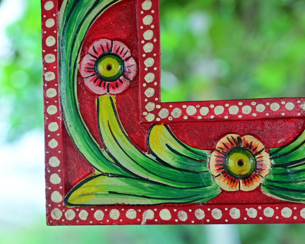 Hand Carved Wooden Jharokha Wall Decor: Bright Painted Flower Design Indian Frame