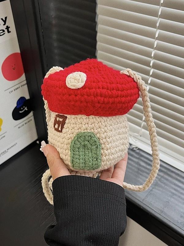 Mushroom Shape Kids Crossbody Bag With Handwoven Wool For Everyday Use