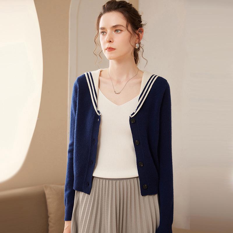 Women's Long Sleeve Color Block Cashmere Knit Cardigan - Thickened Navy Collar, Versatile, Soft, Warm for Autumn/Winter.