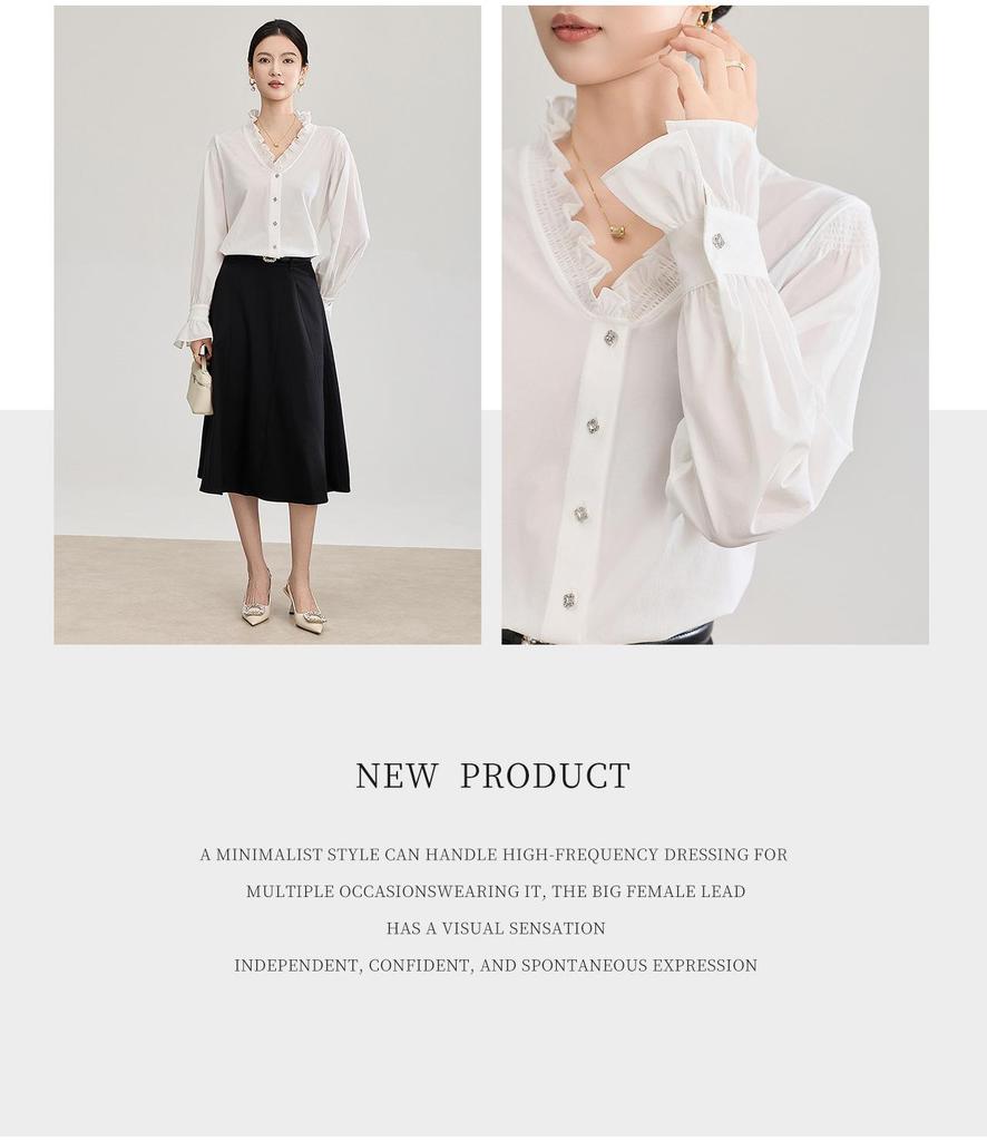 Nanyou Women's Romantic French Lace Collar Bell Sleeve Top - Anti-Wrinkle, Elegant Spring Shirt