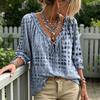 Boho Locker Bluse Damen Sommer Lässiges Hemd, V-Ausschnitt Schnürung 3/4 Ärmel Bluse, Kariert Dreiviertel Puff Oberteil Druck Fließende Oberteile, Leicht Atmungsaktiv
