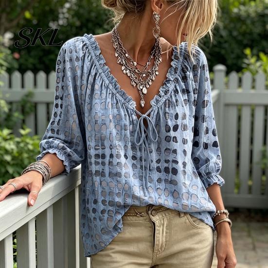 Boho Locker Bluse Damen Sommer Lässiges Hemd, V-Ausschnitt Schnürung 3/4 Ärmel Bluse, Kariert Dreiviertel Puff Oberteil Druck Fließende Oberteile, Leicht Atmungsaktiv