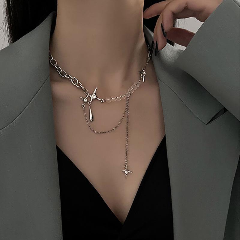 Irregular Star Chain Necklace Y2K Zircon Crystal Beads Tassel Necklace Aesthetic Star Heart Choker Necklaces Jewelry Gift