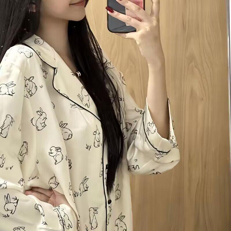 Autumn Ice Silk Luxury Women's Pajamas Lapel Cardigan Home Clothes for Women Cute Rabbit Printing Princess Home Wear