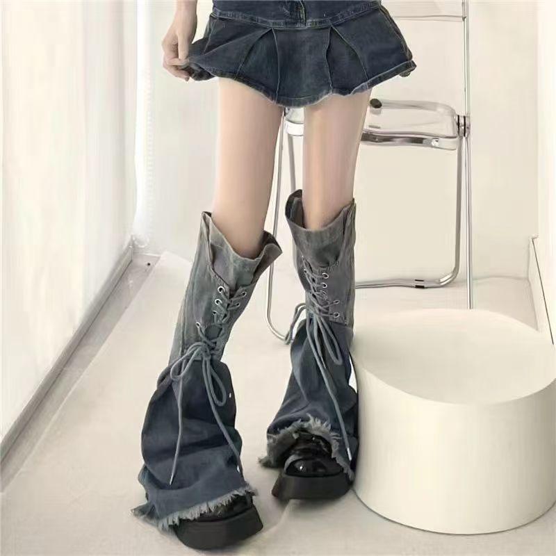 Millennium Spice Girl stopniowo zmieniający kolor denimowy ochraniacz na nogi cienki i o wysokim poczuciu designu paski frędzle tuba buty i skarpety wszechstronny