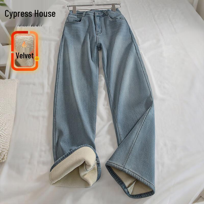 

Sibaishe Women s Washed High-Waist Wide-Leg Fleece-Lined Jeans M