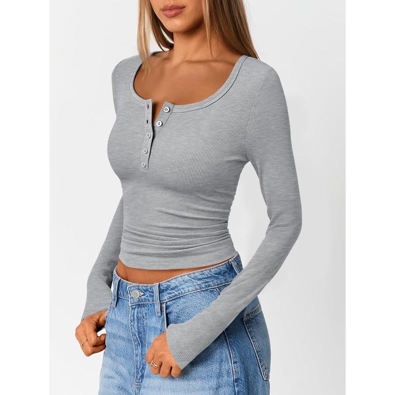 Women S Long Sleeve Ribbed Knit Button V Neck T Shirt