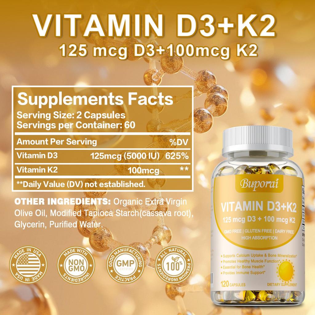 Vegetarisches Vitamin D3 + K2 - Bio D3 5000 IE + Klinisch geprüftes Vitamin K2 100 mcg - Knochenunterstützung