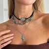 Ethnic Style Imitation Turquoise Beaded Cow Head Pendant Necklace, Retro Cross Flannel Collarbone Necklace