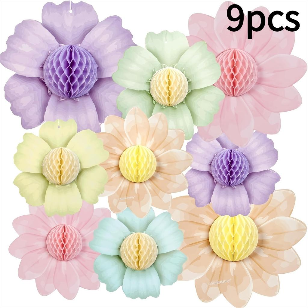 9pcs of pink rainbow party decoration 25.4cm giant paper flower 3D honeycomb for party soft hanging flower decoration girl wall