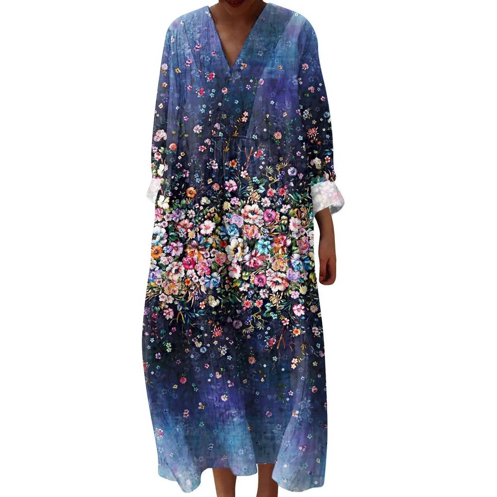 Women's Casual And Fashionable V-Veck Printed Long Sleeved Dress Long Sleeved Dress