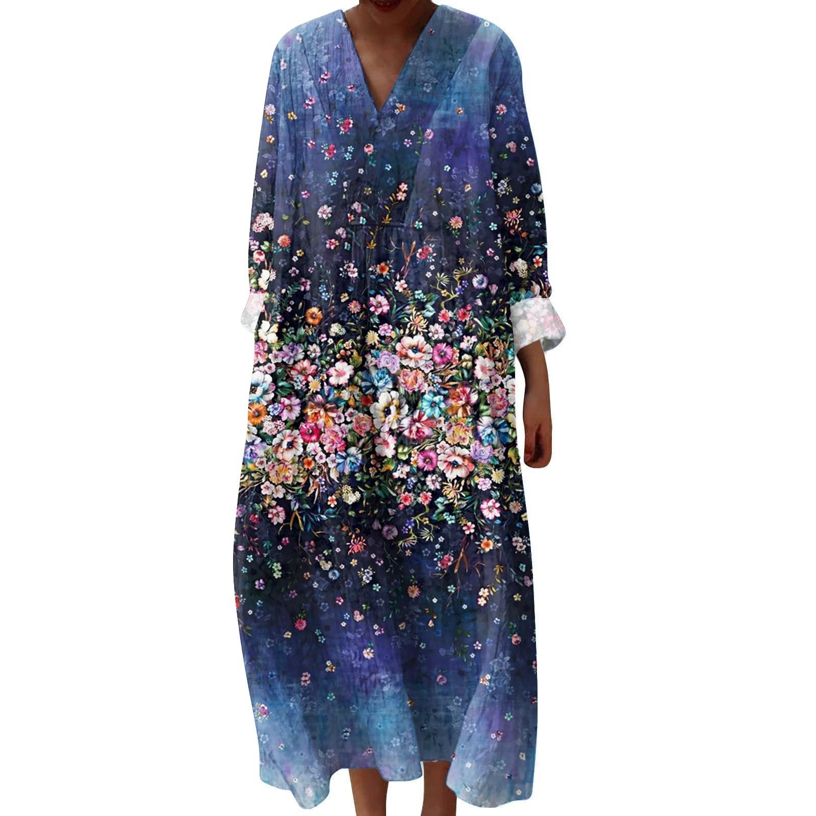 Women s Casual And Fashionable V-Veck Printed Long Sleeved Dress Long Sleeved Dress XXL синий
