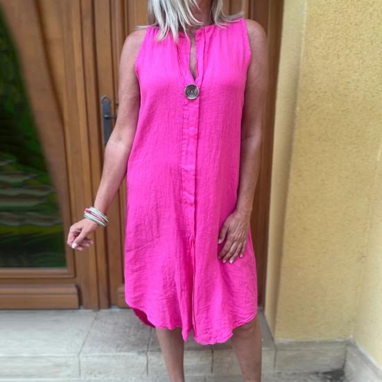 

Летнее женское платье с v-образным вырезом без рукавов и пуговицами, однотонное свободное платье до колена для отдыха, повседневная одежда, платье миди с разрезом подол S бежевый