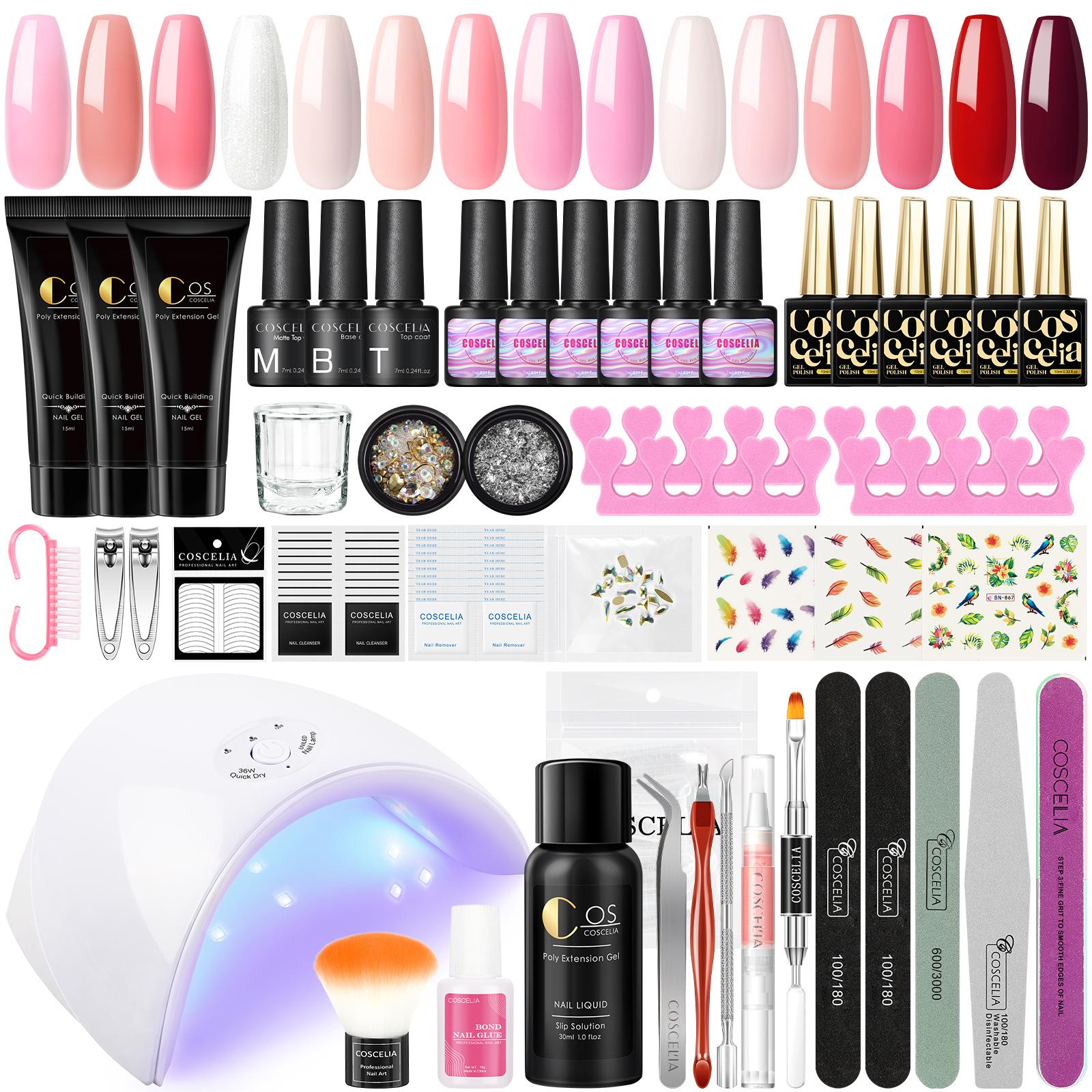 

COSCELIA Pure Color Гель-лак для ногтей Гель для наращивания ногтей Набор полигелей для быстрого наращивания Маникюрный набор УФ-светодиодная лампа 36 Вт Базовое покрытие Верхнее покрытие Набор инструментов для ногтей