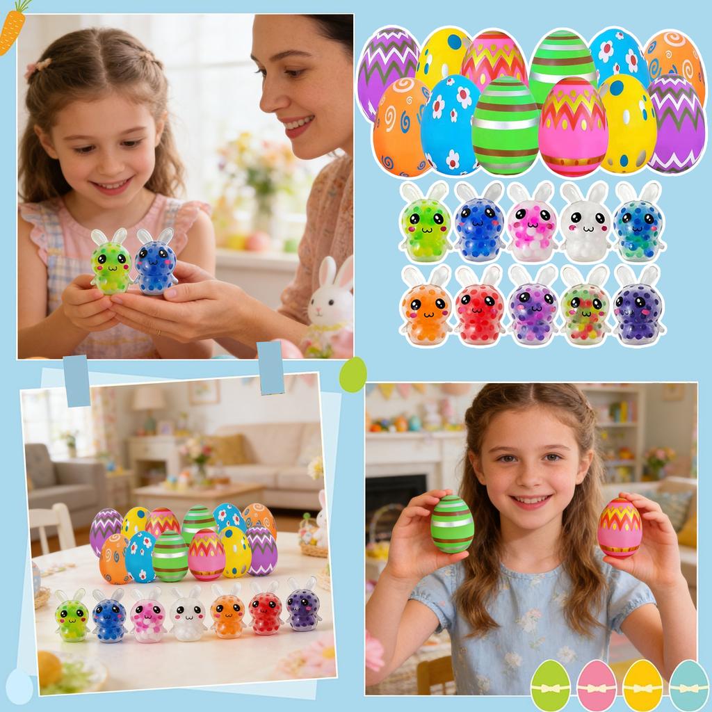 12pcs Easter Egg Squeezable Bunny, Stress-Relieving Beaded Surprise Open-End Egg Stuffed Toy