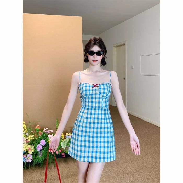 

Mrs. Xiao Philharmonic City Plaid Splicing White Slim Flower Suspender Dress Holiday Style Long Dress S
