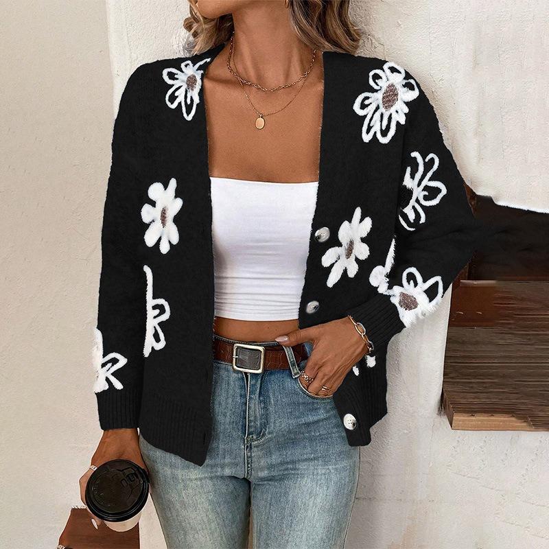 2025 Autumn Winter New European and American Flower Jacquard Pattern Button Front Closure Cardigan Long-sleeved Women's Clothing