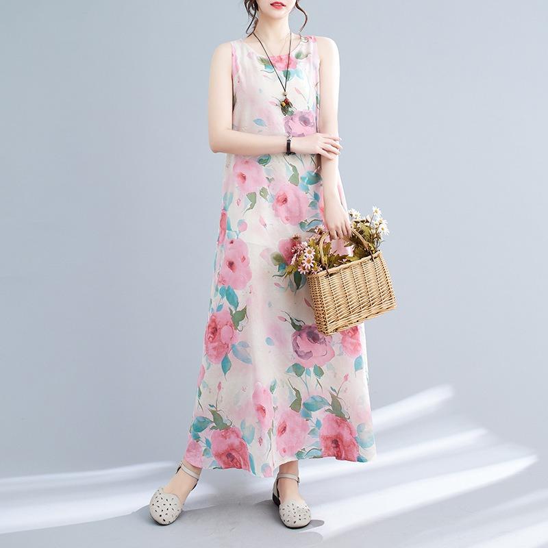 Real Summer New Literary Loose Cotton and Linen Printing Round Neck Sleeveless Dress Women's Medium and Long
