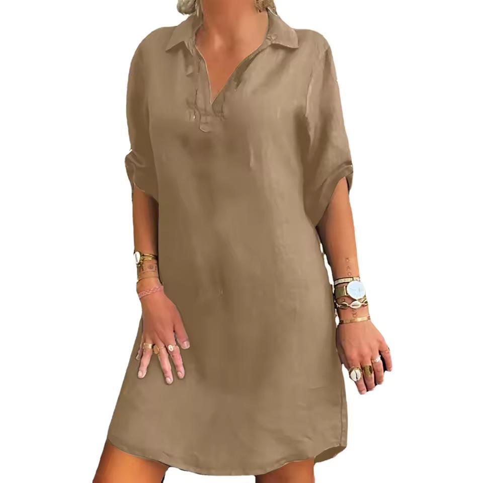 Cotton and Linen OL Blouse Dress Retro Casual Lapel Short-sleeved Loose Solid Mini Dress