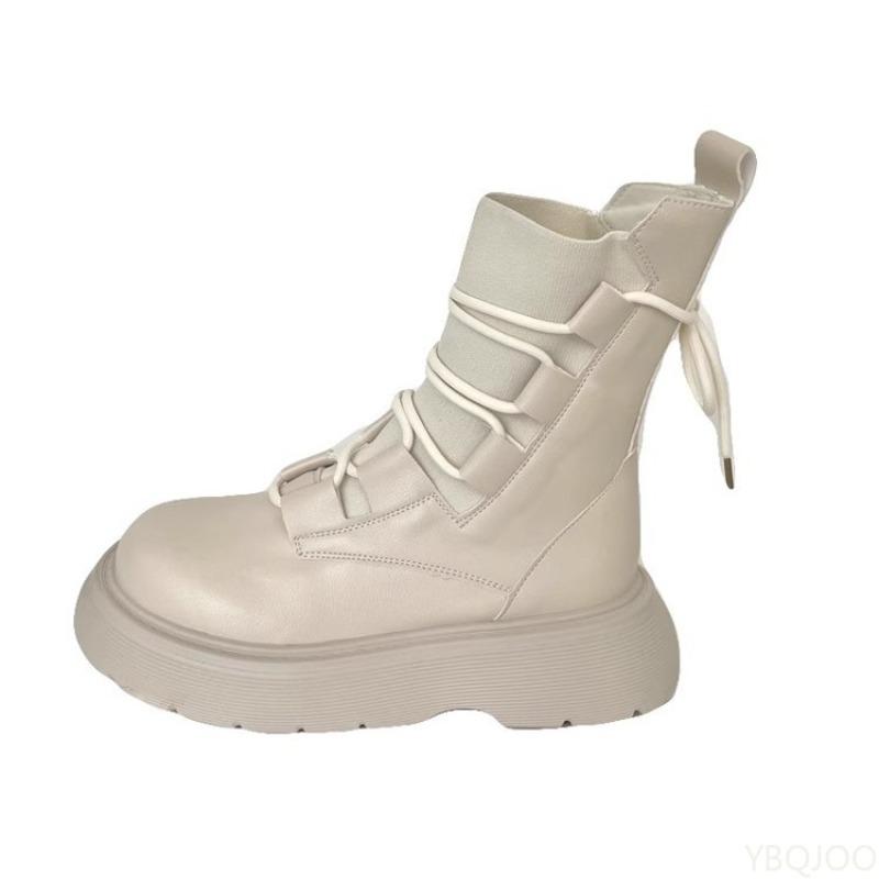Fashionable Versatile Spring Autumn New Thick Soled Height Increasing Lace Up Short Boots Elegant Simple Women's Shoes