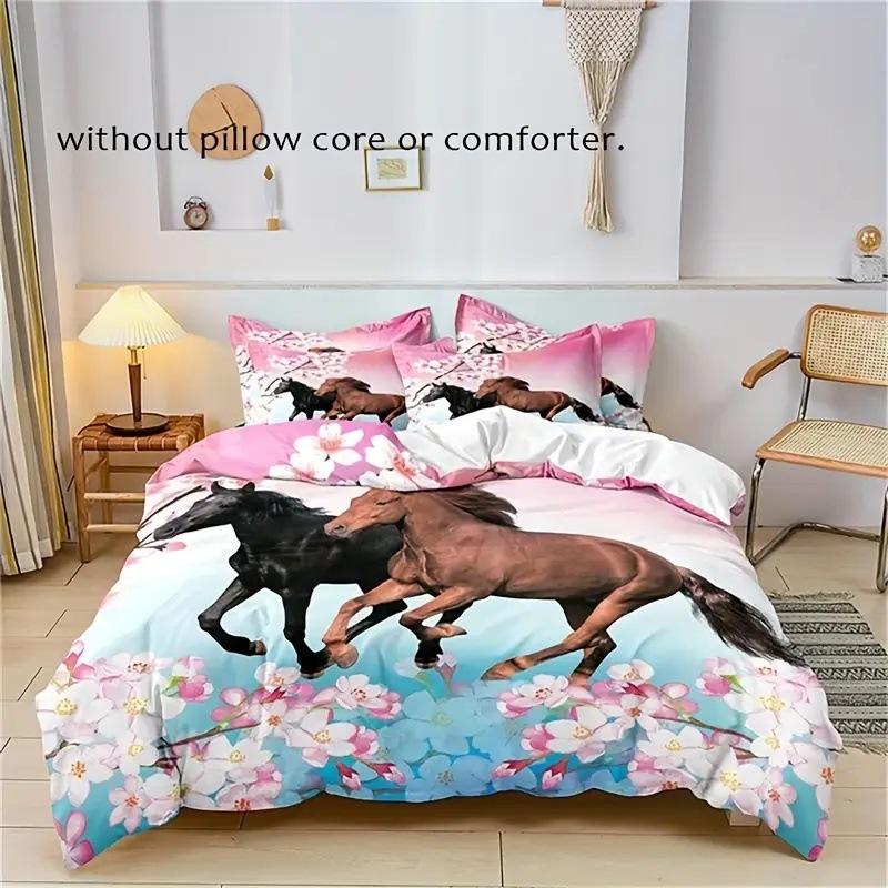 Pentium Horse Duvet Cover Pink Cherry Blossom Wildlife Bedding Series Three-Piece Set