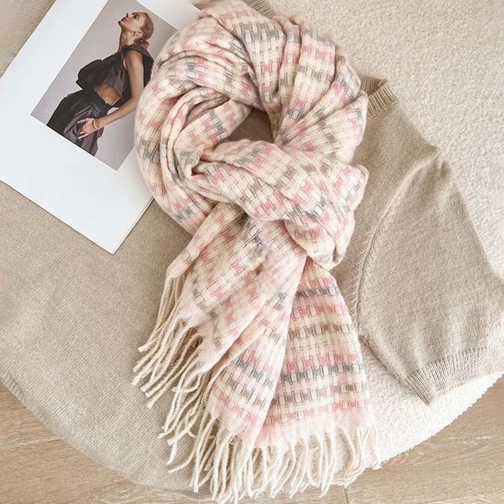 Soft Dopamine Plaid Scarf Contrast Color Long Neckscarf with Tassel Soft Knitted Wool Shawl  Winter
