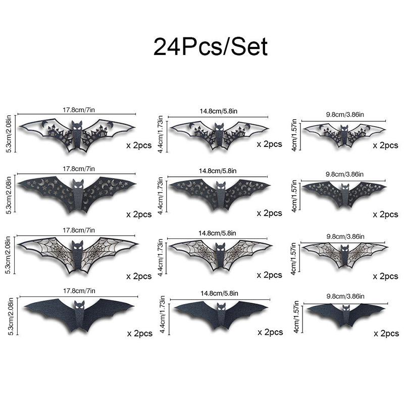 

3D Hollow Out Bat Sticker 24PCS/Set Mixed Various Size Black Horror Bats DIY Decorations for Thrilling House Halloween Party ZYF