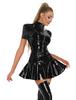 [Maeau] Glossy Sexy Bodysuit Dress Women's Leather Full Body Tights Skirt Catsuit Adult Costume Party Halloween Cosplay Leotard #Black B S