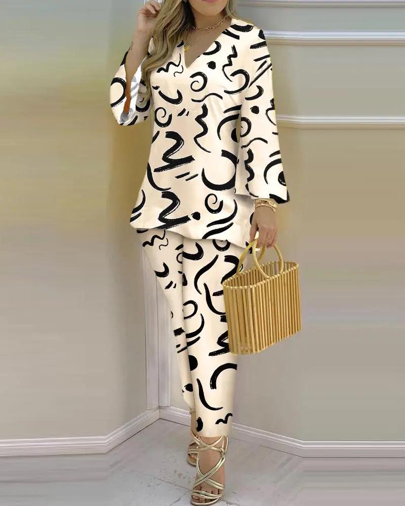 2023 Spring Women's European & American V-Neck Long-Sleeve Fashion Set