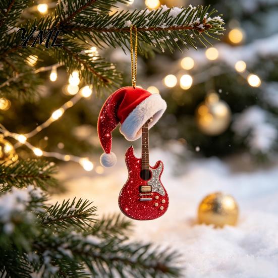 Unique Christmas Gift Red Guitar Ornament, 2D Flat Acrylic Hanging Pendant with Durable Holiday Decoration Santa Hat, Country Music Tree Decoration,
