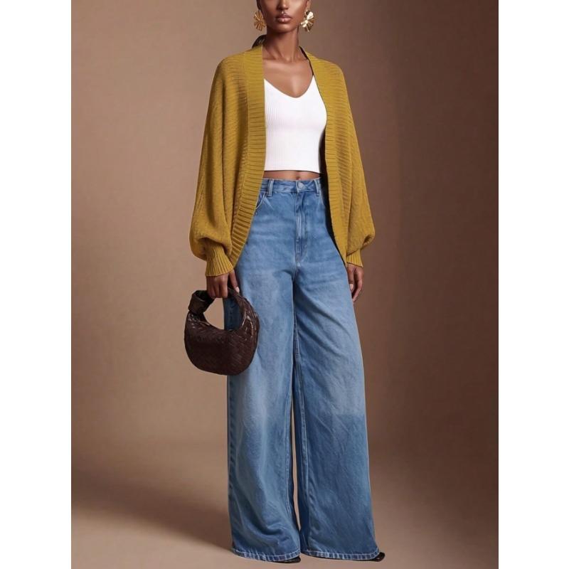 Women S Casual Mustard Yellow Solid Long Sleeve Cardigan Sweater