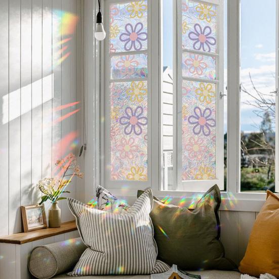 Window Privacy Film Stained Glass Floral Decorative Window Clings Colorful UV Blocking Static Glass Decals for Bedroom Living Room
