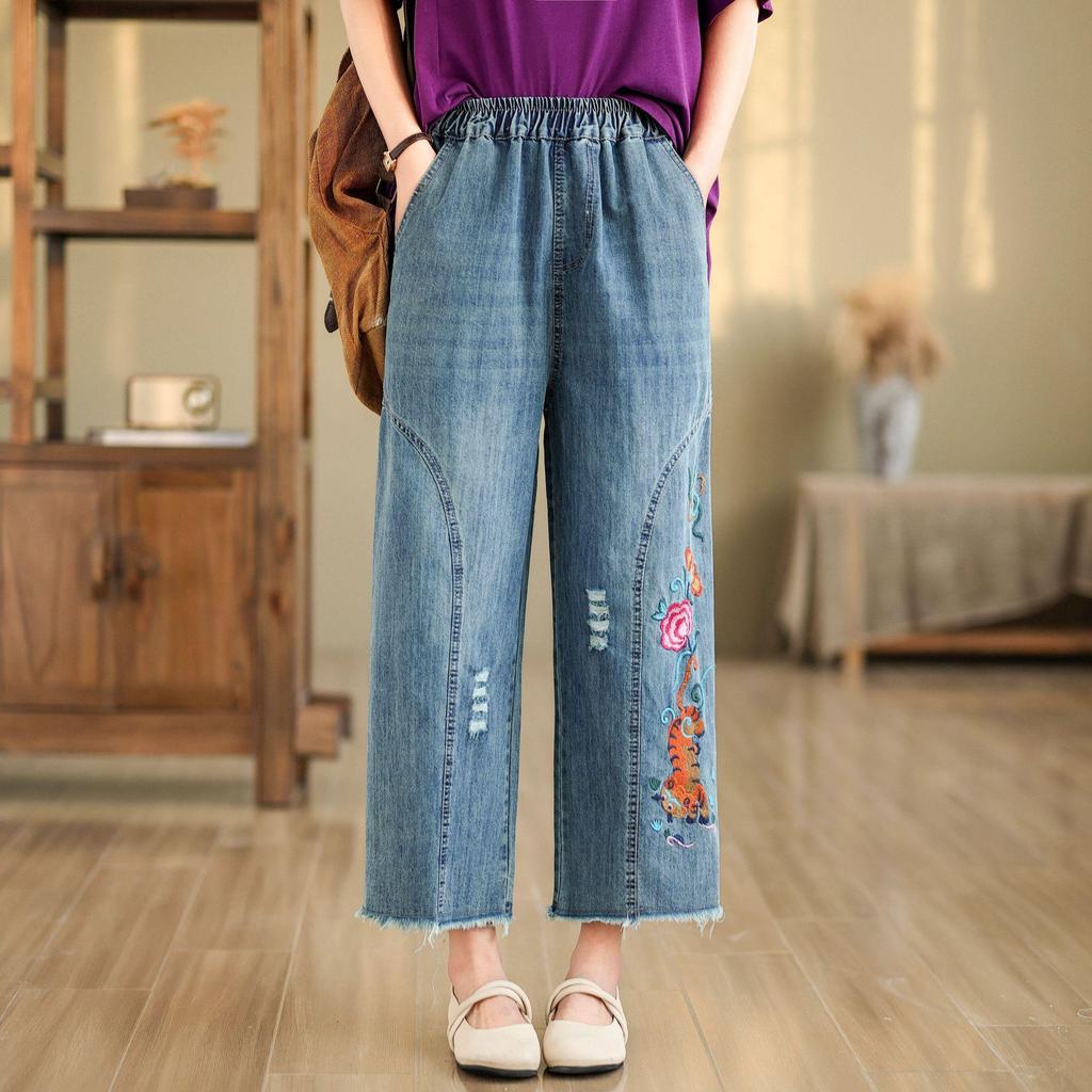 Women's High-Waist Wide-Leg Embroidered Jeans - Loose Fit, Raw Edge, Nine-Point Cotton, Plus Size, Casual Spring/Summer Pants
