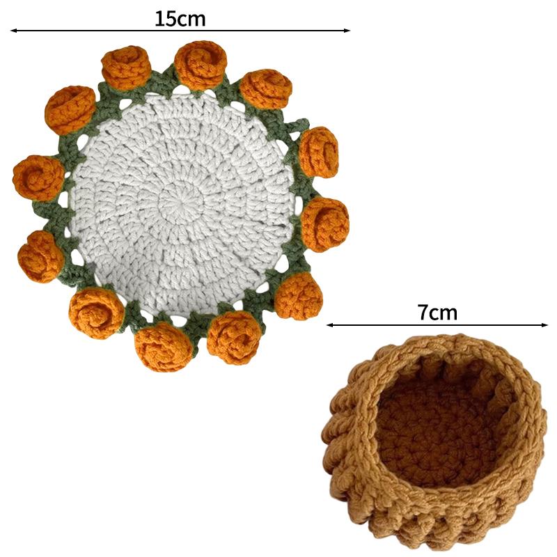 Rose Crochet Coasters With Plant Pot Handmade Knitted Flower Bouquet Coaster Coffee Table Cupmat Placemat Home Office Decor