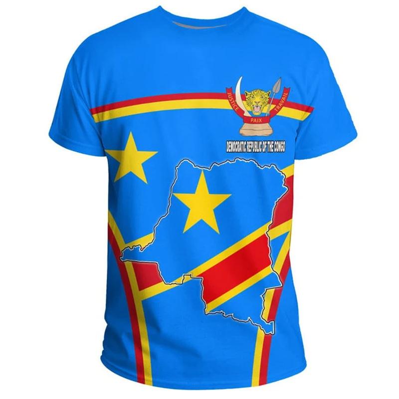 Democratic Republic Of The Congo Flag T-shirt 3d Print Congo National Emblem T Shirt For Men Clothes Street Sports Short Sleeves