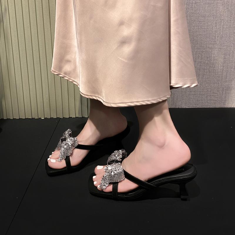 Rhinestone Bow Stiletto Cool Drag Women's Fashion Square Toe Open Toe Slim Strap Anti-Slip Wear-Resistant High Heels