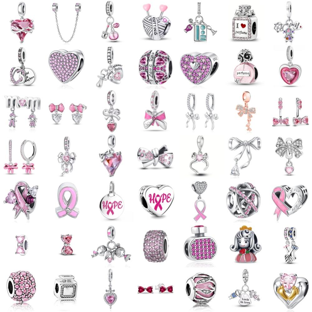 925 Silver rose pink ribbon bow Charm Purple Bead perfume Pendant Fit Original Bracelet Jewelry Earring DIY Making Gift boy girl
