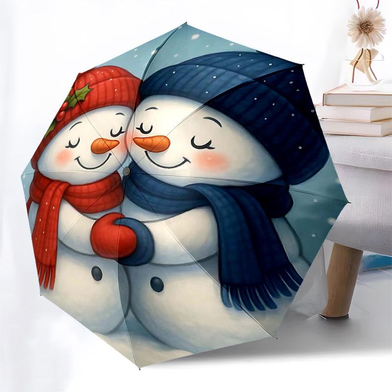 

1pc Christmas Snowman Couple Hugging with Red Berries and Holly Leaf, Perfect Holiday Gift for Fans, Travelers, Everyday Use, Auto Open Close Umbrella