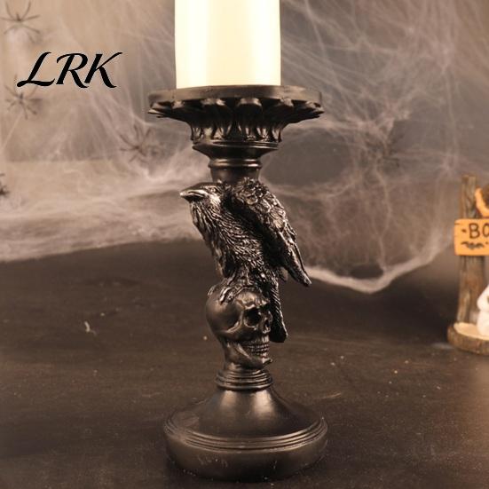 Handcrafted Sculpture Base Gothic Candlestick Holder, Halloween Resin Raven Skull Pillar Candle Decorative Tray for Wax Candles Vintage Spooky