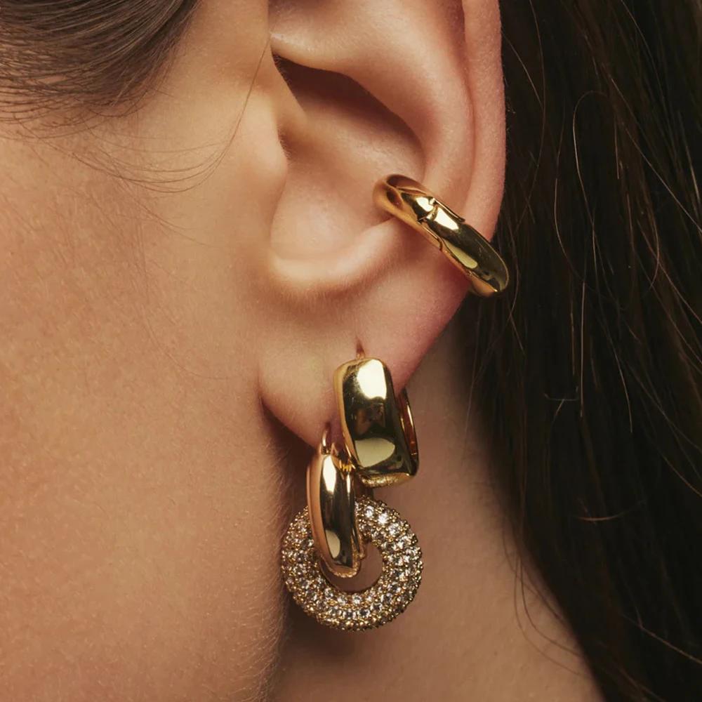 Classic Gold Plated Twisted Huggies Earrings with Full CZ Zirconia Geometric Oval Circle Charms Drop Dangle Earring Punk Jewelry