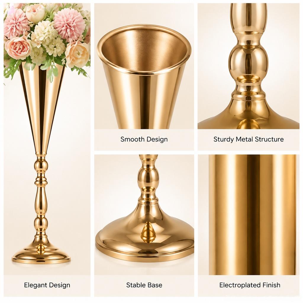 Gold Metal Trumpet Vase Stand Cone Flower Holder for Wedding Table Centerpiece, Party & Home Decor 3 Sizes Choose