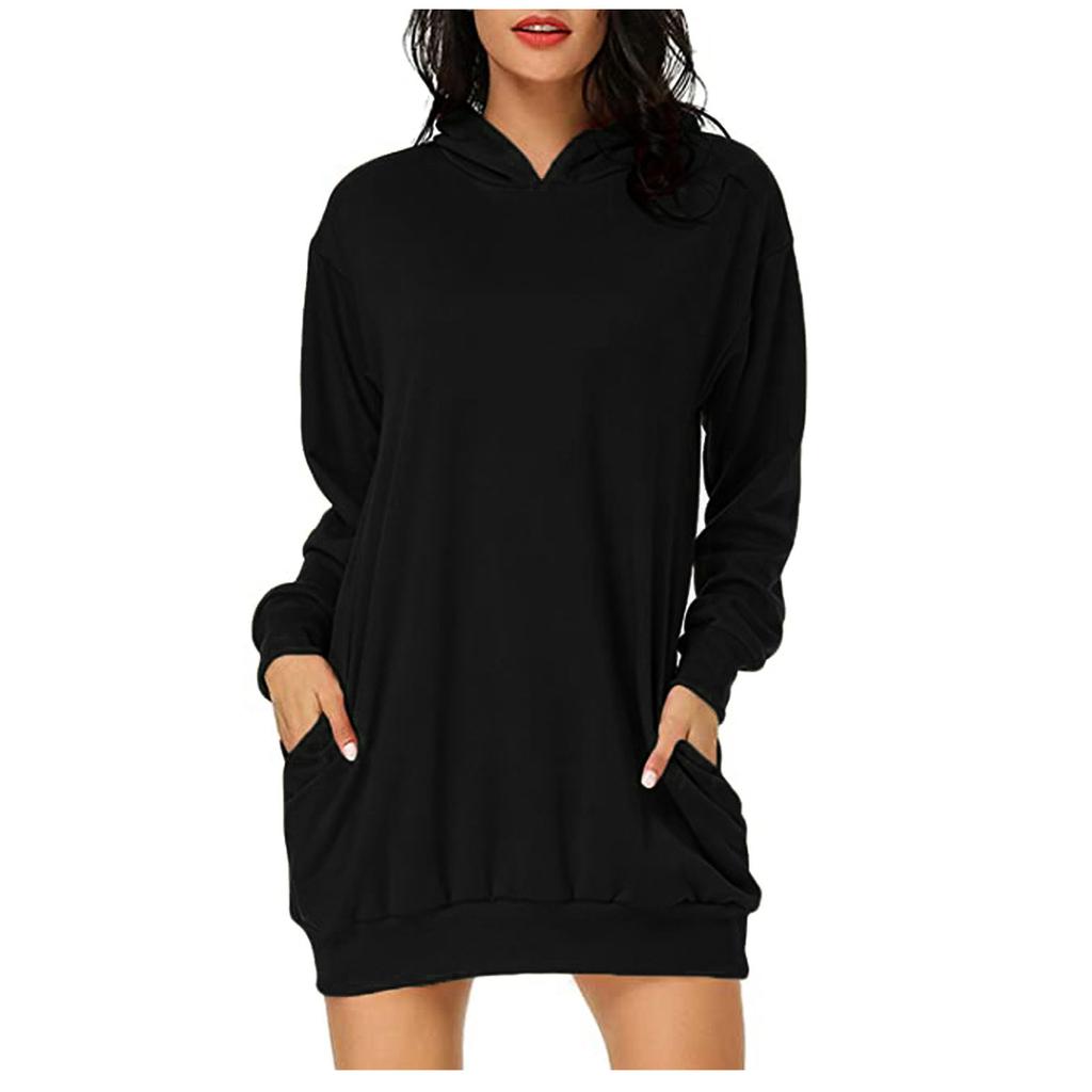Women's Long-sleeved Pocket Pullover Hoodie Dress Waist Sweatshirt Solid Tops