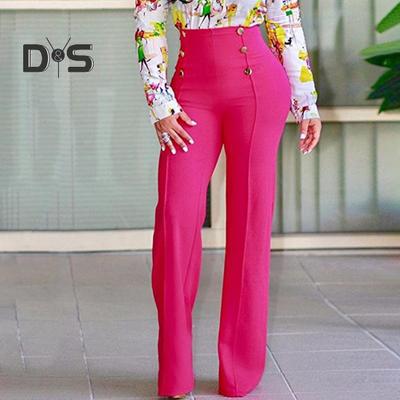 Women Pants High Waist OL Commute Style Elastic Button Decor Solid Color Flared Hem Soft Breathable Straight Full Length Trousers