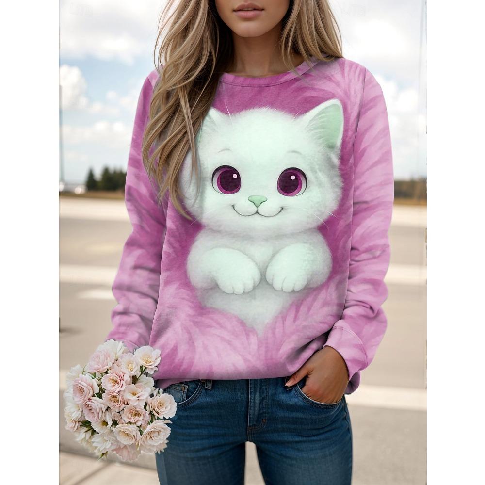 Women's  Animal Cat Printed Sweatshirt 3D Print O-Neck Long Sleeve Tops Women's Apparel Streetwear Fall Winter Pullover