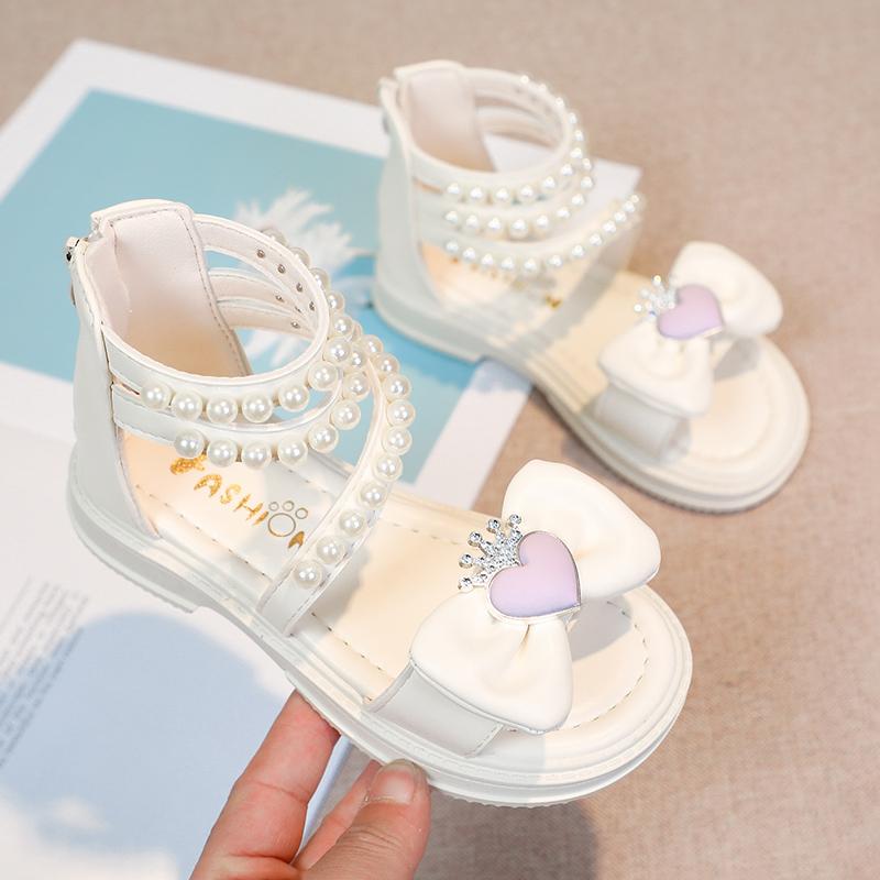 *Summer New Bow Children's Open Toed Casual Shoes Fashionable and Elegant Round Head Pearl Soft Princess Flat Sandals