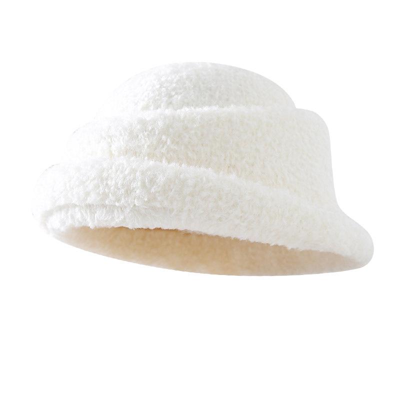Solid Color Bucket Hat Autumn and Winter Women's Fashion Warm and Cold Basin Hat Light Plate Plush Rabbit Hair Blend Simple and Versatile
