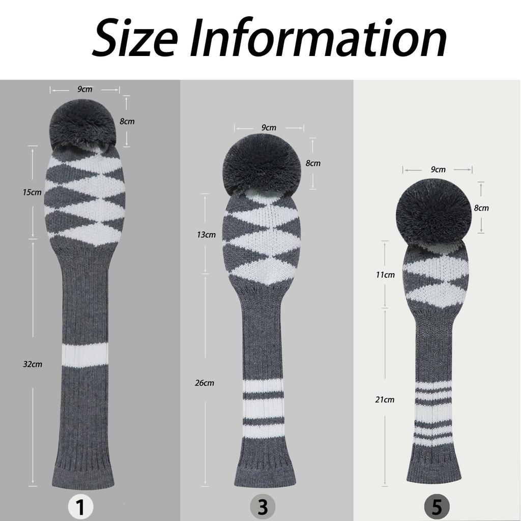 LeFeng Sports Knit Golf Club Cover Set with Number Tags and Fits and 5 Woods Check 3-Piece Pompoms, Gray, 1, 3, (Gray Pattern)