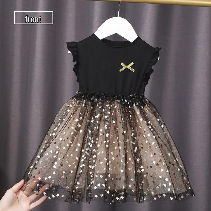 New Girls Summer Black Star Sequin Mesh Puff Sleeve Princess Dress 110 cm